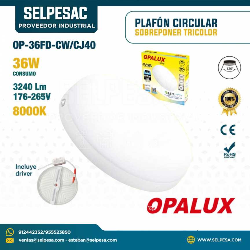 OPALUX - PLAFÓN CIRCULAR SOBREPONER TRICOLOR 36W 3240LUM 8000K C-DRIVER OP36FD-CW/CJ40