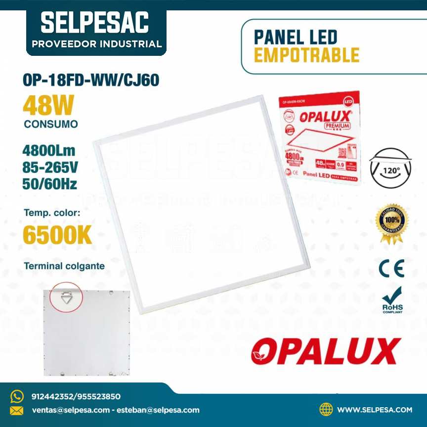 OPALUX - PANEL LED EMPOTRABLE 48W 4800LUM 6500K OP-18FD-WW/CJ60