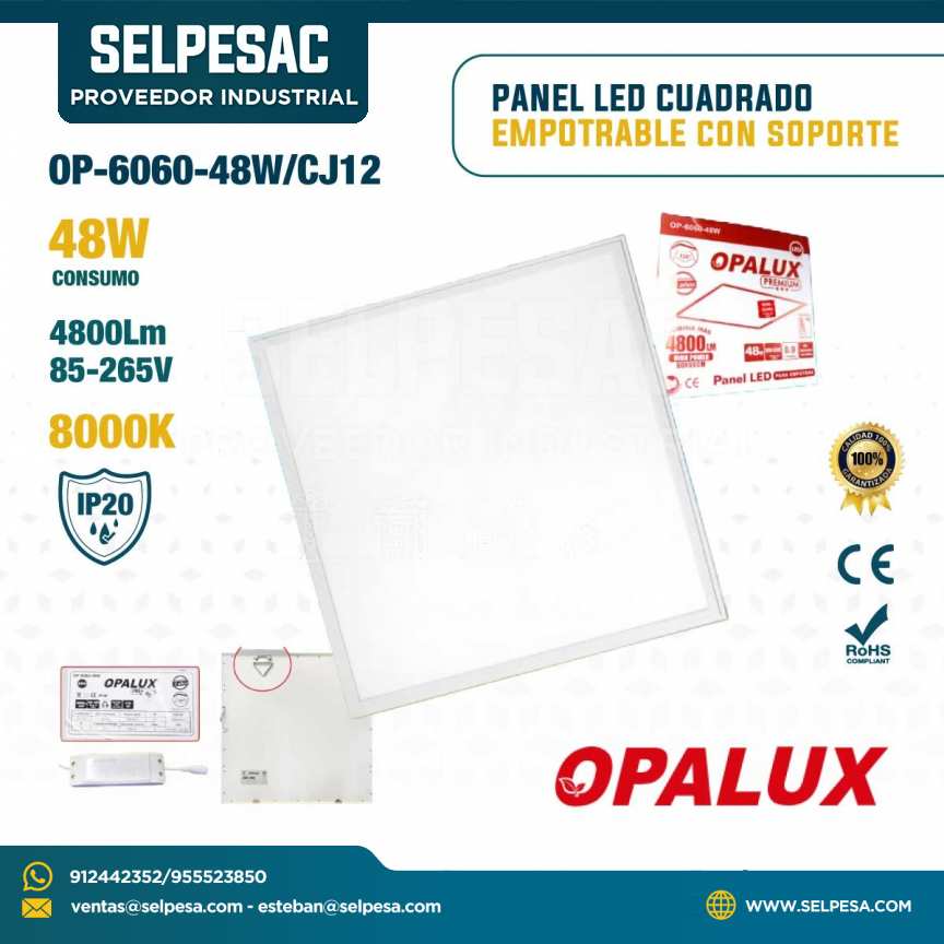 OPALUX - PANEL LED CUADRADO EMPOTRABLE CON SOPORTE 48W 4800LUM 8000K IP20 OP-6060-48W/CJ12