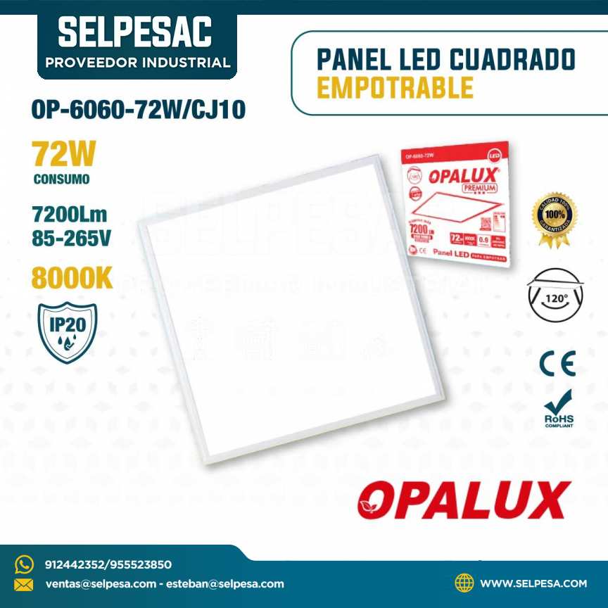 OPALUX - PANEL LED CUADRADO EMPOTRABLE 72W 7200LUM 8000K IP20 OP-6060-72W/CJ10