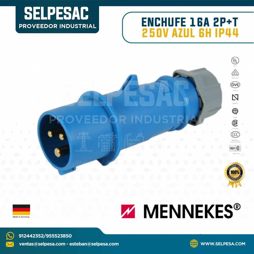 MENNEKES - ENCHUFE 16A 2P+T 250V AZUL 6H IP44