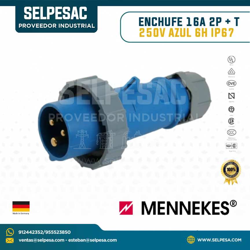 MENNEKES - ENCHUFE 16A 2P+T 250V AZUL 6H IP67