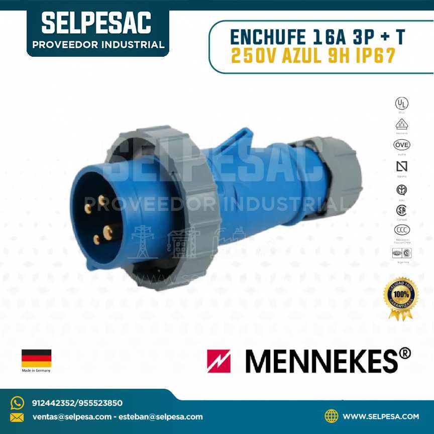 MENNEKES - ENCHUFE 16A 3P + T 250V AZUL 9H IP67