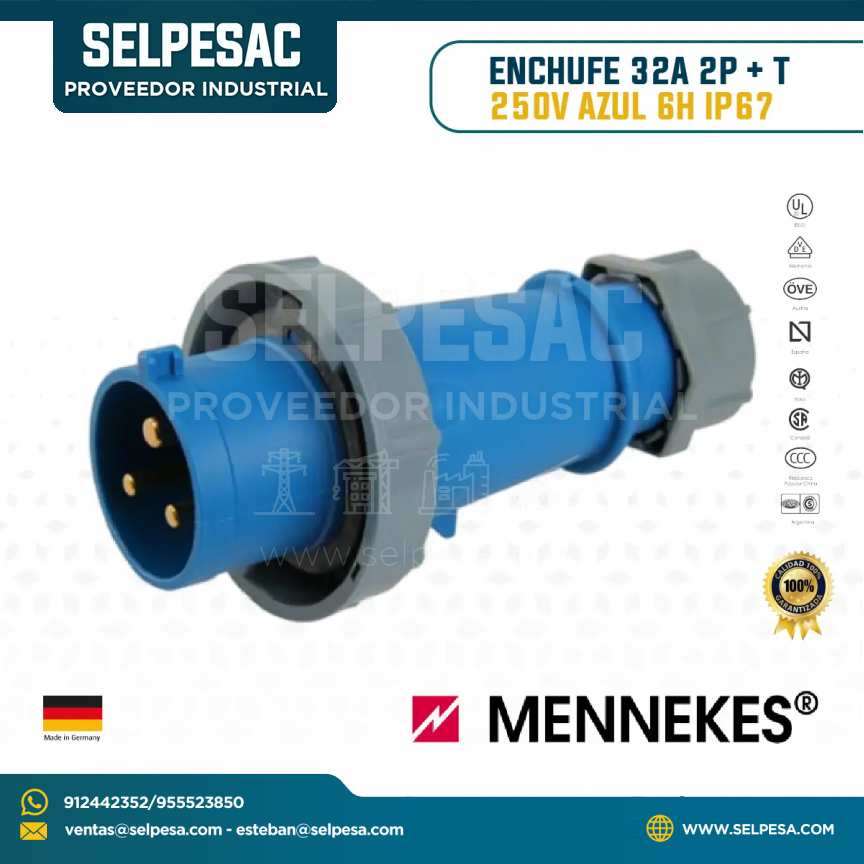 MENNEKES - ENCHUFE 32A 2P +T 250V AZUL 6H IP67