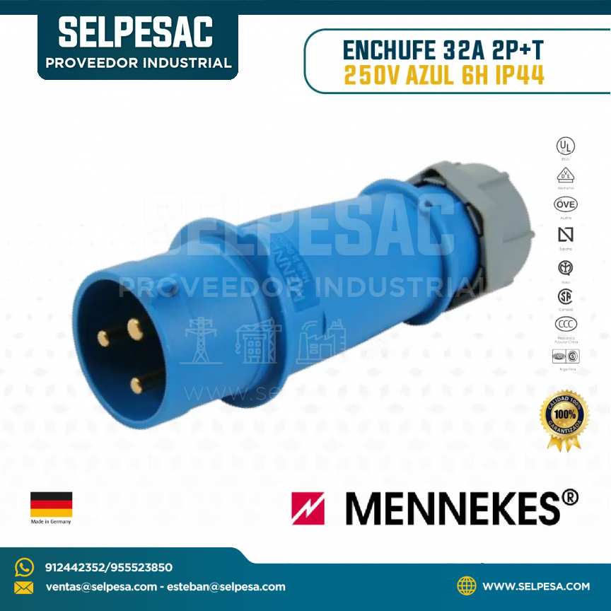 MENNEKES - ENCHUFE 32A 2P+T 250V AZUL 6H IP44