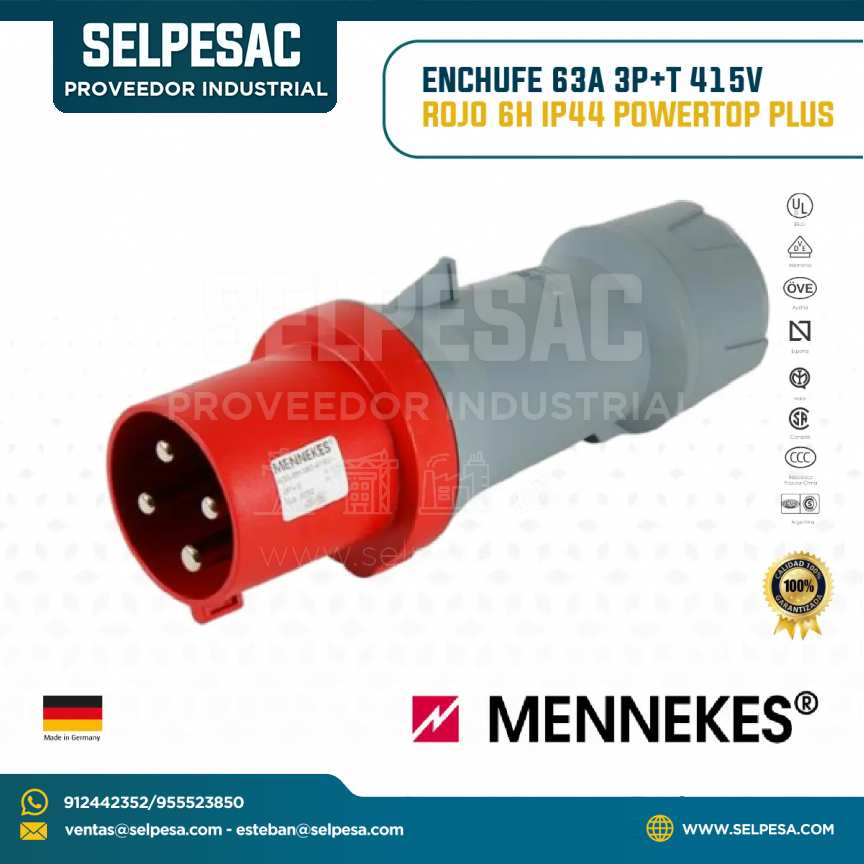 MENNEKES - ENCHUFE 63A 3P+T 415V ROJO 6H IP44 POWERTOP