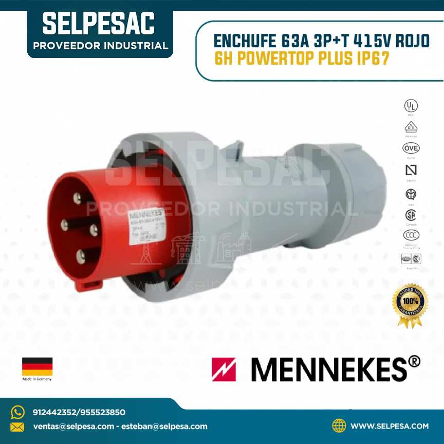 MENNEKES - ENCHUFE 63A 3P+T 415V ROJO 6H POWERTOP PLUS IP67