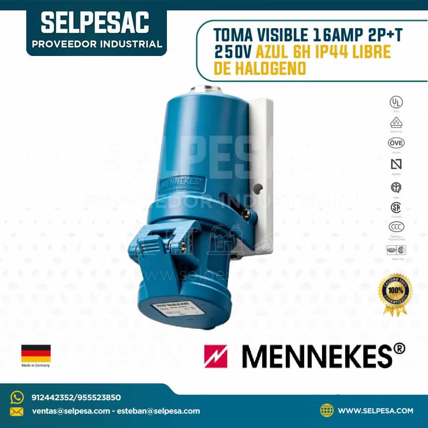 MENNEKES - TOMA VISIBLE 16AMP 2P+T 250V AZUL 6H IP44 LIBRE DE HALÓGENO