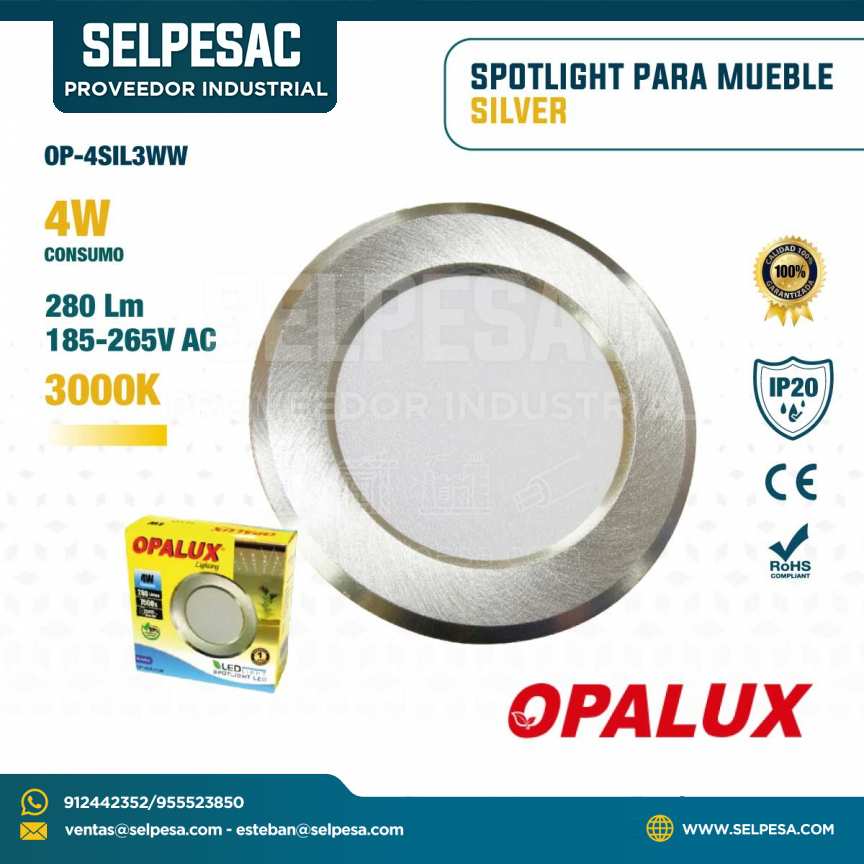 OPALUX - SPOTLIGHT PARA MUEBLE SILVER 4W 280LM 185/265VAC 3000K IP20 OP-4SIL3WW