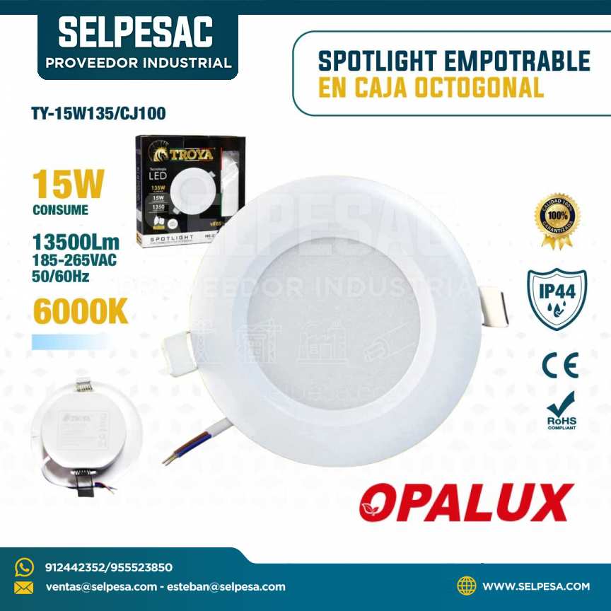 OPALUX - SPOTLIGHT EMPOTRABLE EN CAJA OCTOGONAL 15W 13500LUM 185/265VAC 6000K IP44 TY-15W135-CJ100