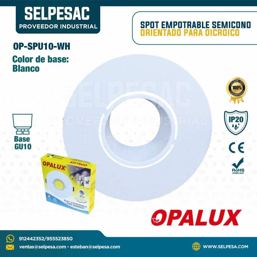 OPALUX - SPOT EMPOTRABLE SEMICONO ORIENTADO PARA DICROICO BASE GU10 BLANCO IP20 OP-SPU10-WH