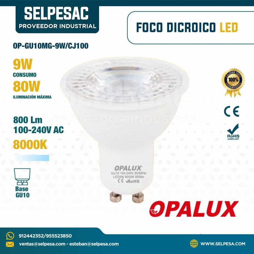 OPALUX - FOCO DICROICO LED 9W 800LUM 100-240V AC 8000K BASE GU10 OP-GU10MG-9W-CJ100