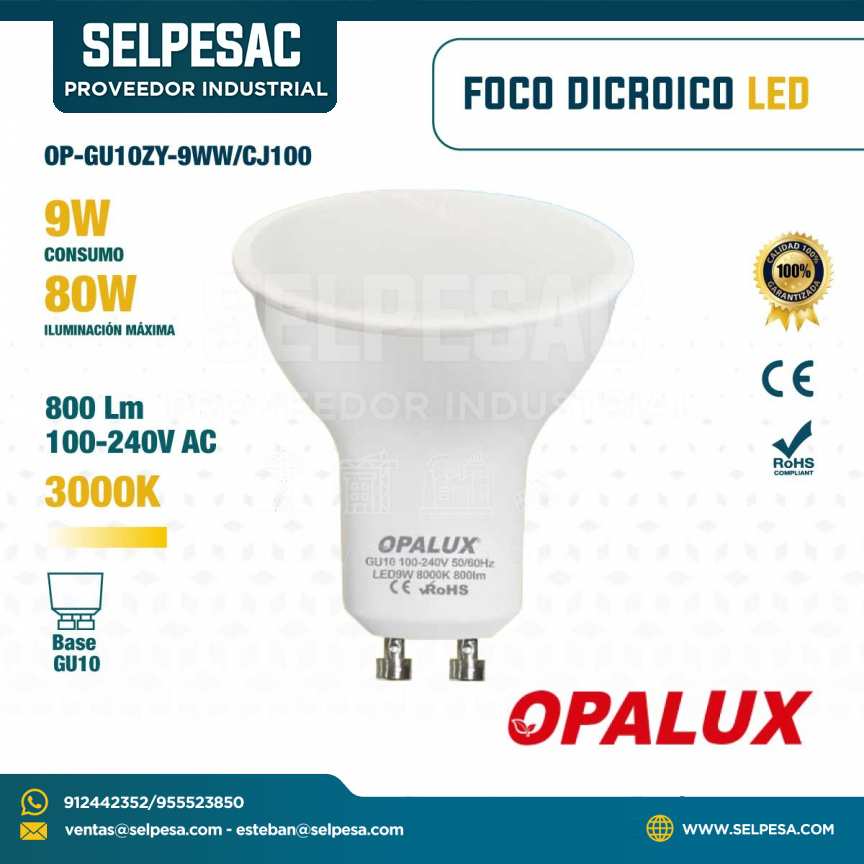 OPALUX - FOCO DICROICO LED 9W 800LUM 100-240V AC 3000K BASE GU10 OP-GU10ZY-9WW-CJ100