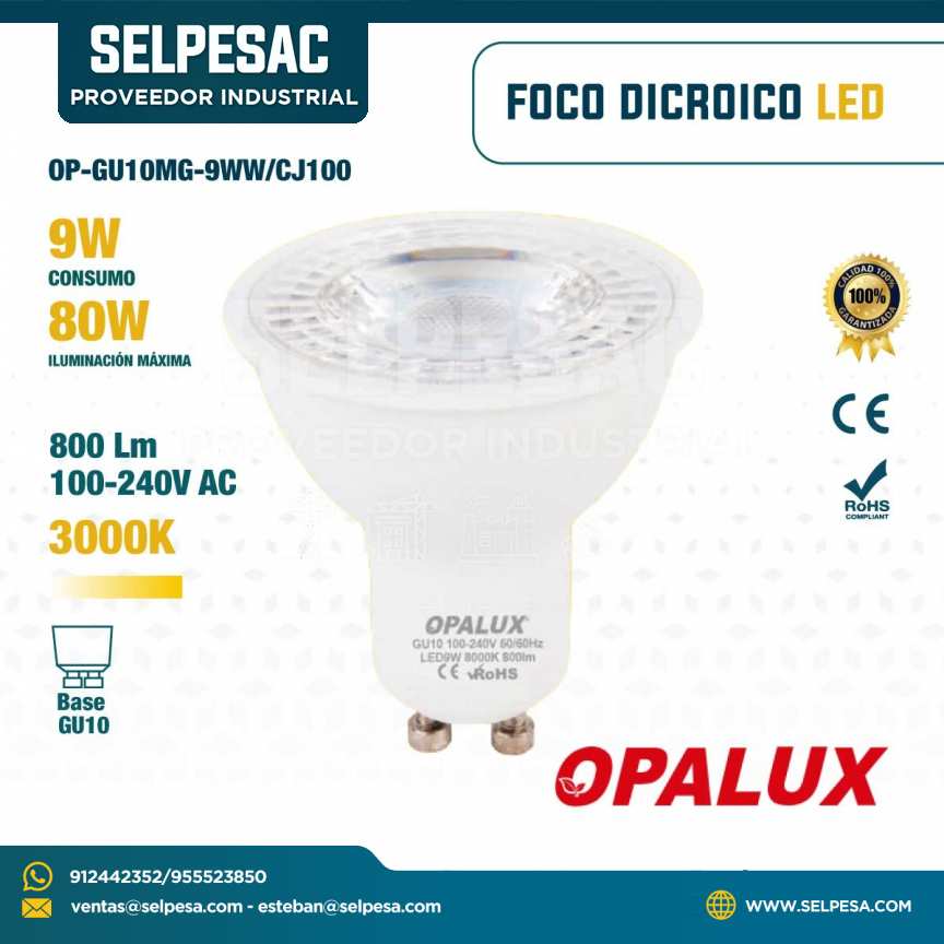 OPALUX - FOCO DICROICO LED 9W 800LUM 100-240V AC 3000K BASE GU10 OP-GU10MG-9WW-CJ100
