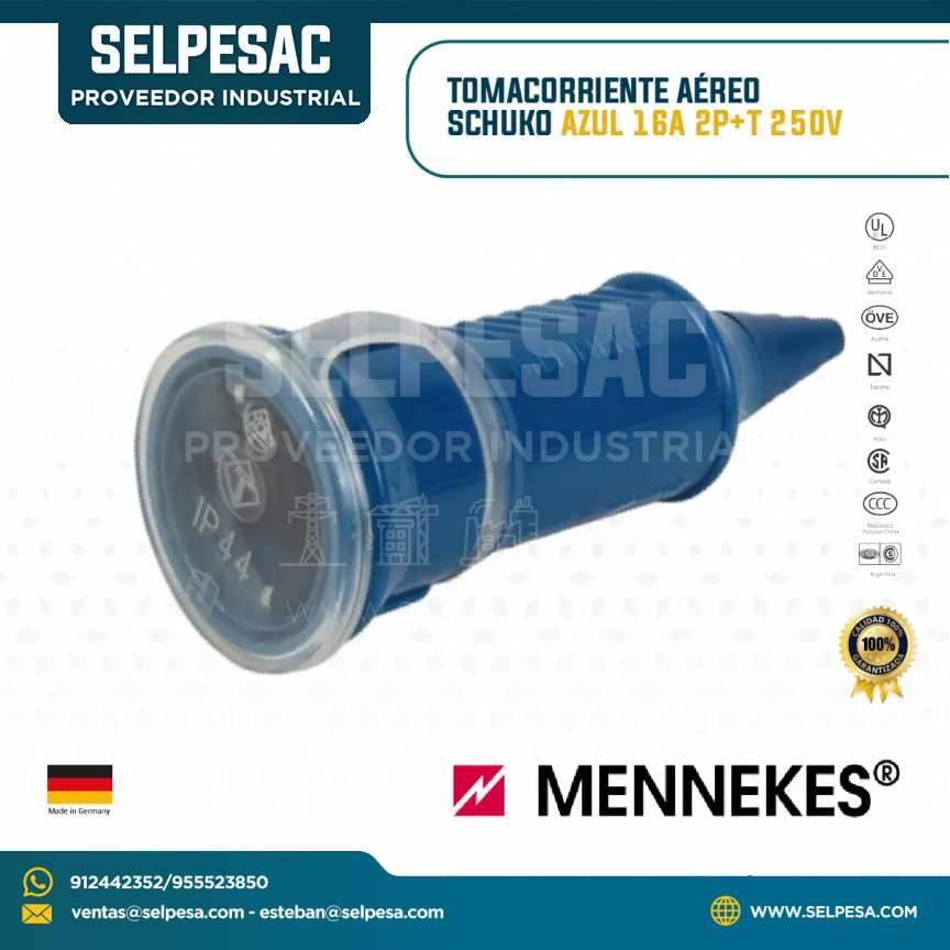 MENNEKES - TOMACORRIENTE AÉREO SCHUKO AZUL 16A 2P+T 250V