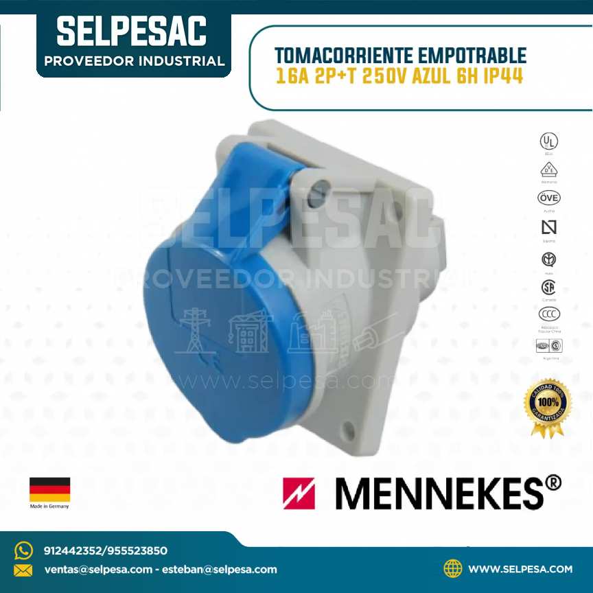 MENNEKES - TOMACORRIENTE EMPOTRABLE 16A 2P+T 250V AZUL 6H IP44