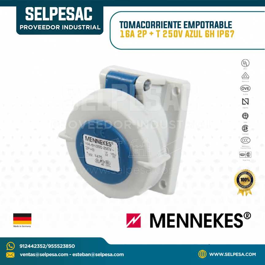 MENNEKES - TOMACORRIENTE EMPOTRABLE 16A 2P+T 250V AZUL 6H IP67