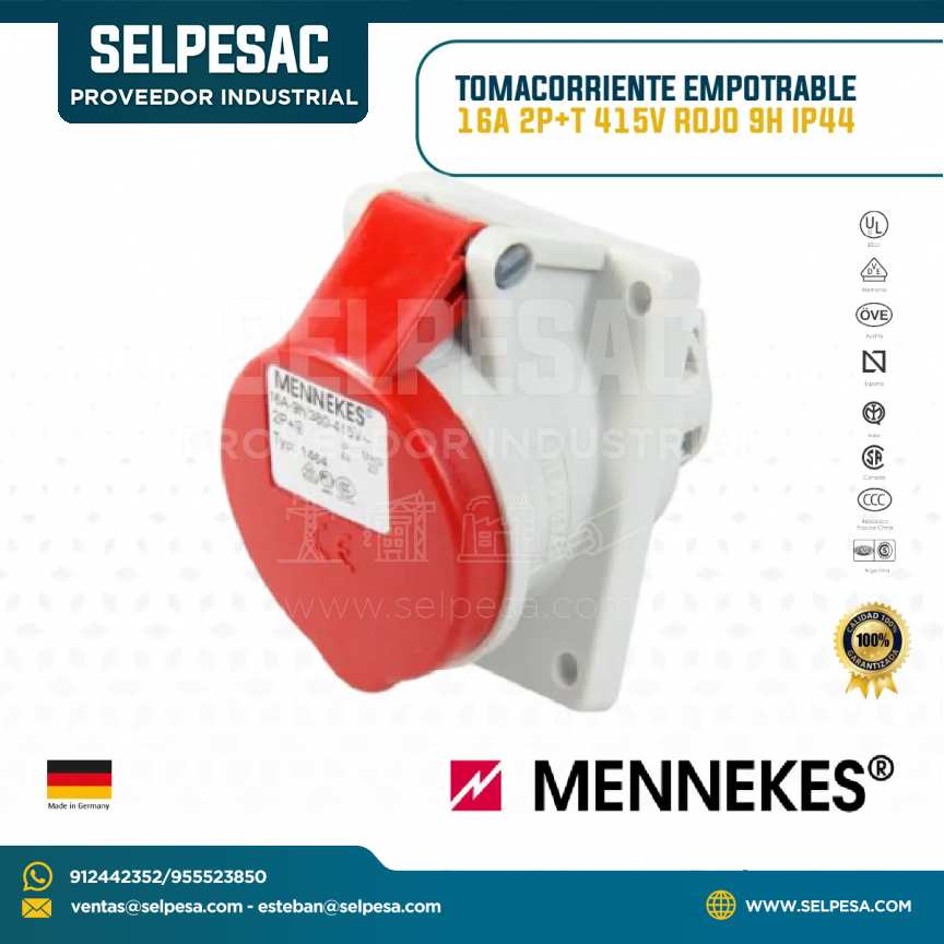 MENNEKES - TOMACORRIENTE EMPOTRABLE 16A 2P+T 415V ROJO 9H IP44