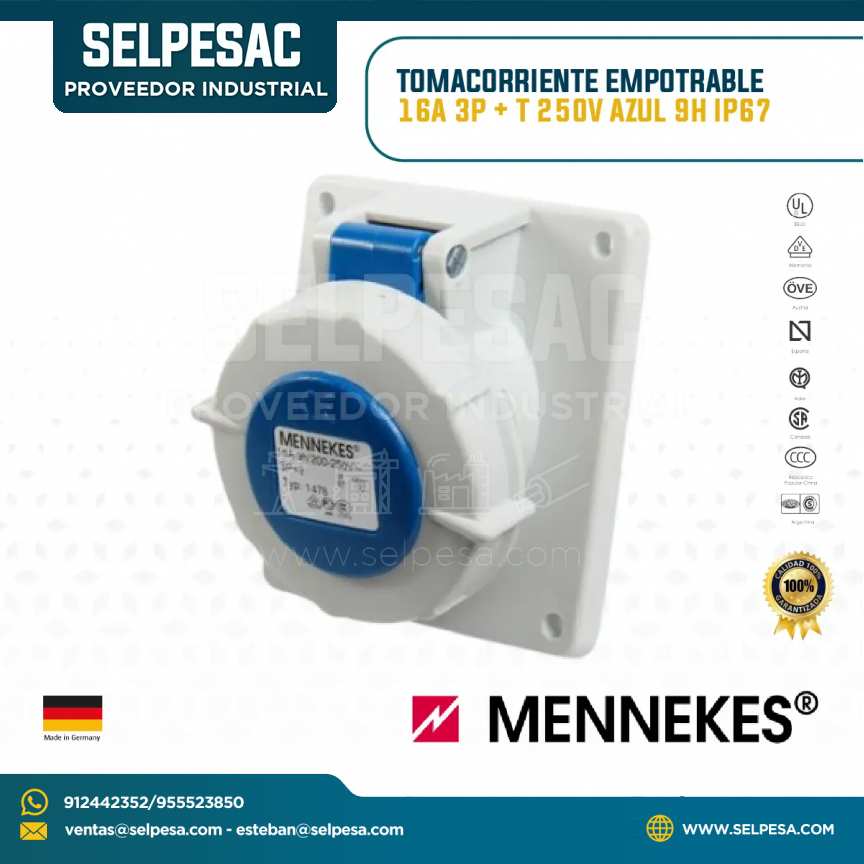 MENNEKES - TOMACORRIENTE EMPOTRABLE 16A 3P+T 250V AZUL 9H IP67