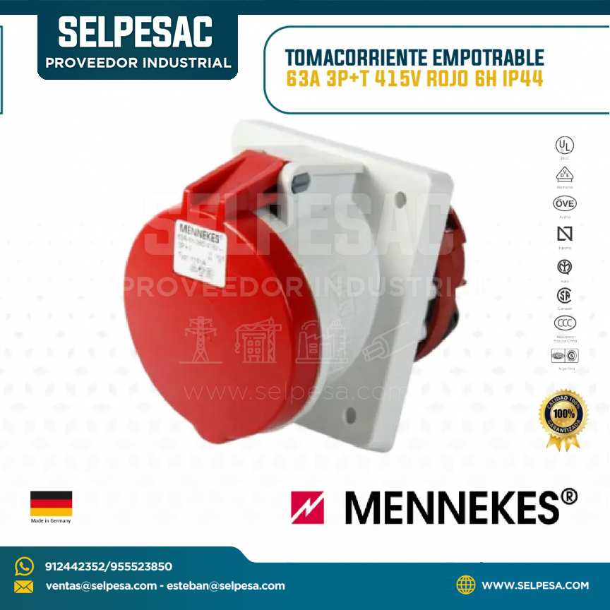 MENNEKES - TOMACORRIENTE EMPOTRABLE 63A 3P+T 415V ROJO 6H IP44