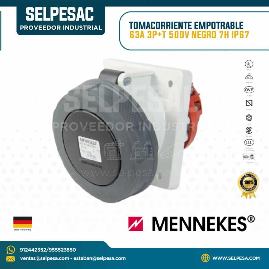 MENNEKES - TOMACORRIENTE EMPOTRABLE 63A 3P+T 500V NEGRO 7H IP67