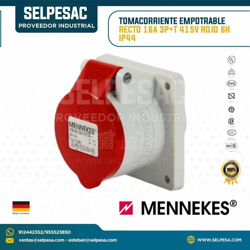 MENNEKES - TOMACORRIENTE EMPOTRABLE RECTO 16A 3P+T 415V ROJO 6H IP44