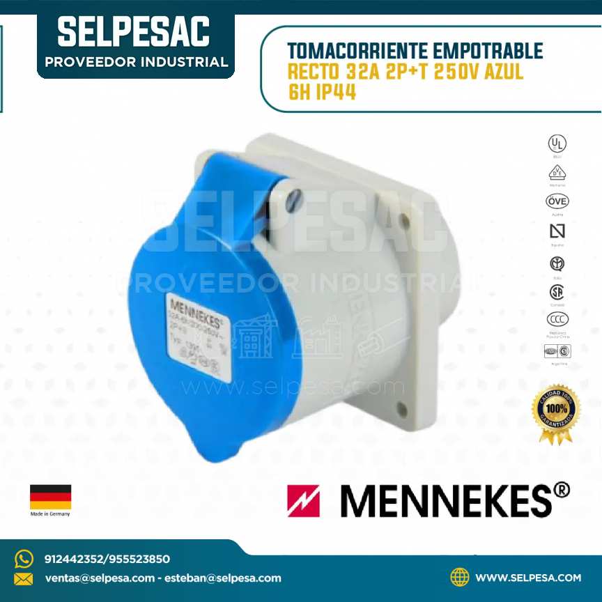 MENNEKES - TOMACORRIENTE EMPOTRABLE RECTO 32A 2P+T 250V AZUL 6H IP44