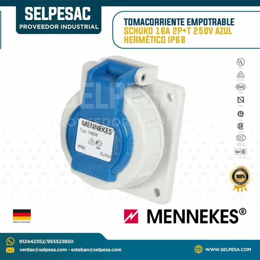 MENNEKES - TOMACORRIENTE EMPOTRABLE SCHUKO 16A 2P+T 250V AZUL HERMÉTICO IP68
