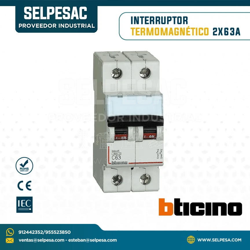 BTICINO - INTERRUPTOR TERMOMAGNÉTICO 2X63A 220V-10KA