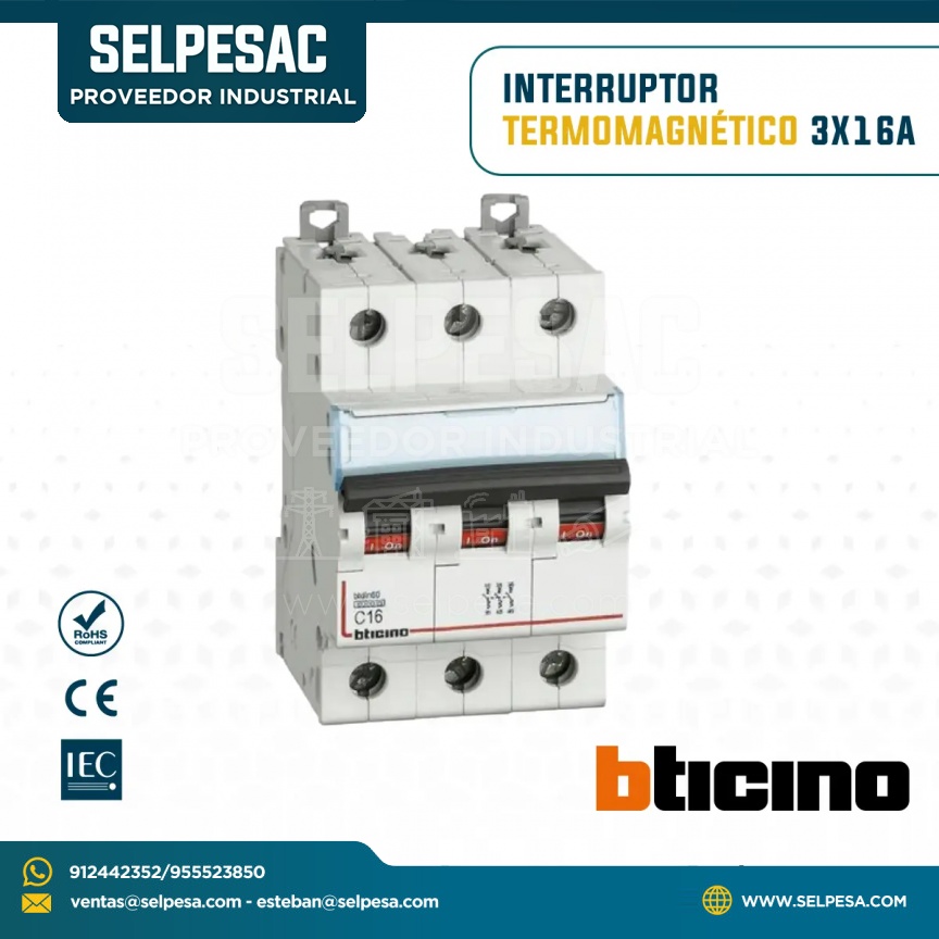 BTICINO - INTERRUPTOR TERMOMAGNÉTICO 3X16A 220V-10KA
