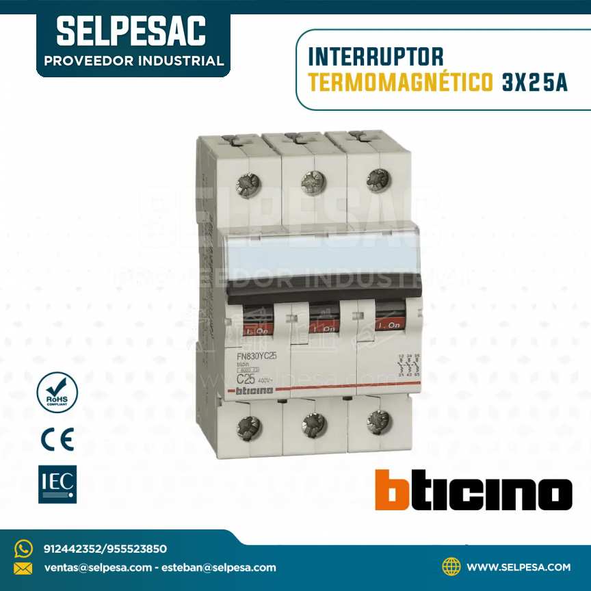 BTICINO - INTERRUPTOR TERMOMAGNÉTICO 3X25A 220V-10KA