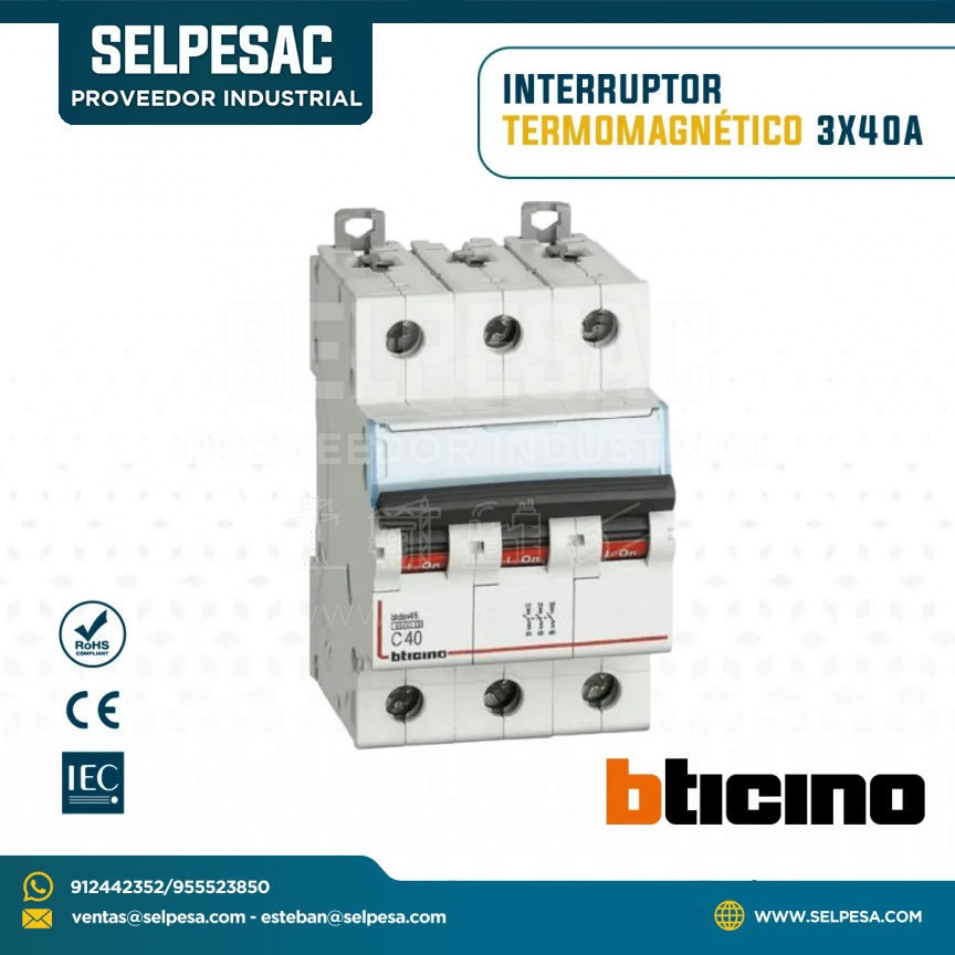 BTICINO - INTERRUPTOR TERMOMAGNÉTICO 3X40A 220V-10KA