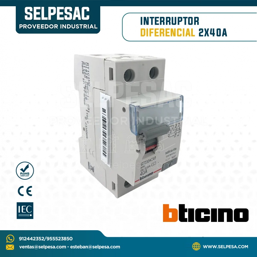 BTICINO - INTERRUPTOR DIFERENCIAL 2X40A 30MA 230V