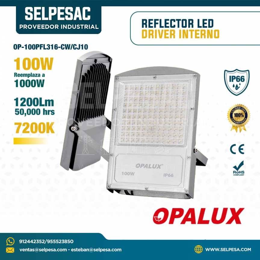 OPALUX - REFLECTOR LED DRIVER INTERNO 100W 1200LUM. 7200K IP66 CE ROHS