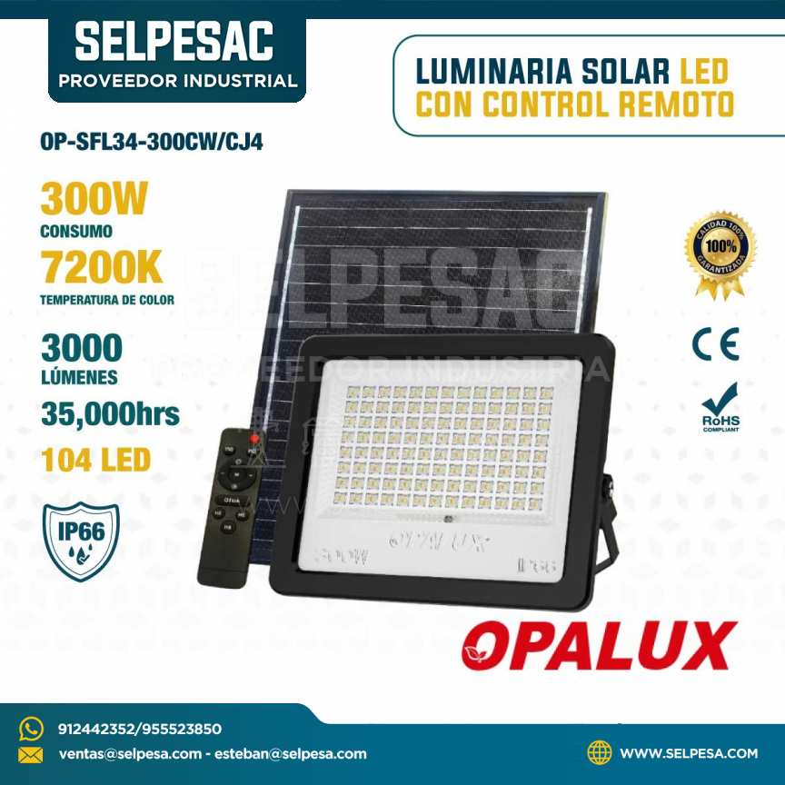 OPALUX - LUMINARIA LED CON PANEL SOLAR Y CONTROL REMOTO 300W 7200K 3000LUM. IP66