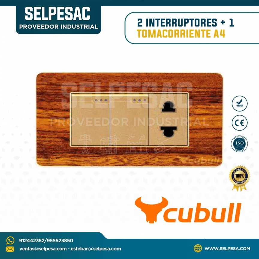 CUBULL - 2 INTERRUPTORES + 1 TOMACORRIENTE COLOR MADERA A4-016