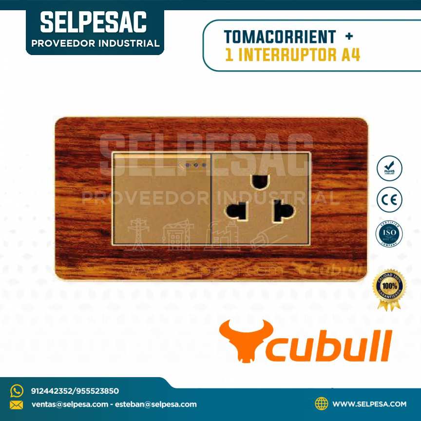 CUBULL - TOMACORRIENTE + 1 INTERRUPTOR COLOR MADERA A4-027