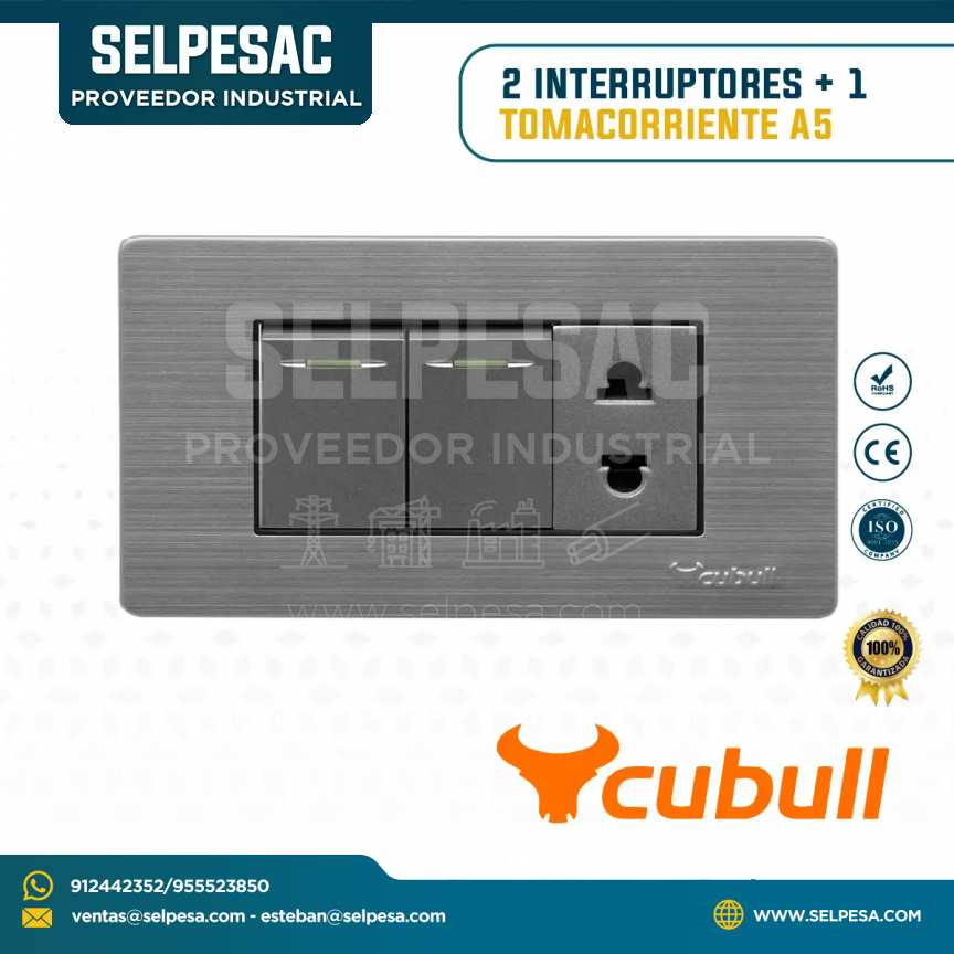 CUBULL - 2INTERRUPTORES + 1 TOMACORRIENTE COLOR GRIS A5-016