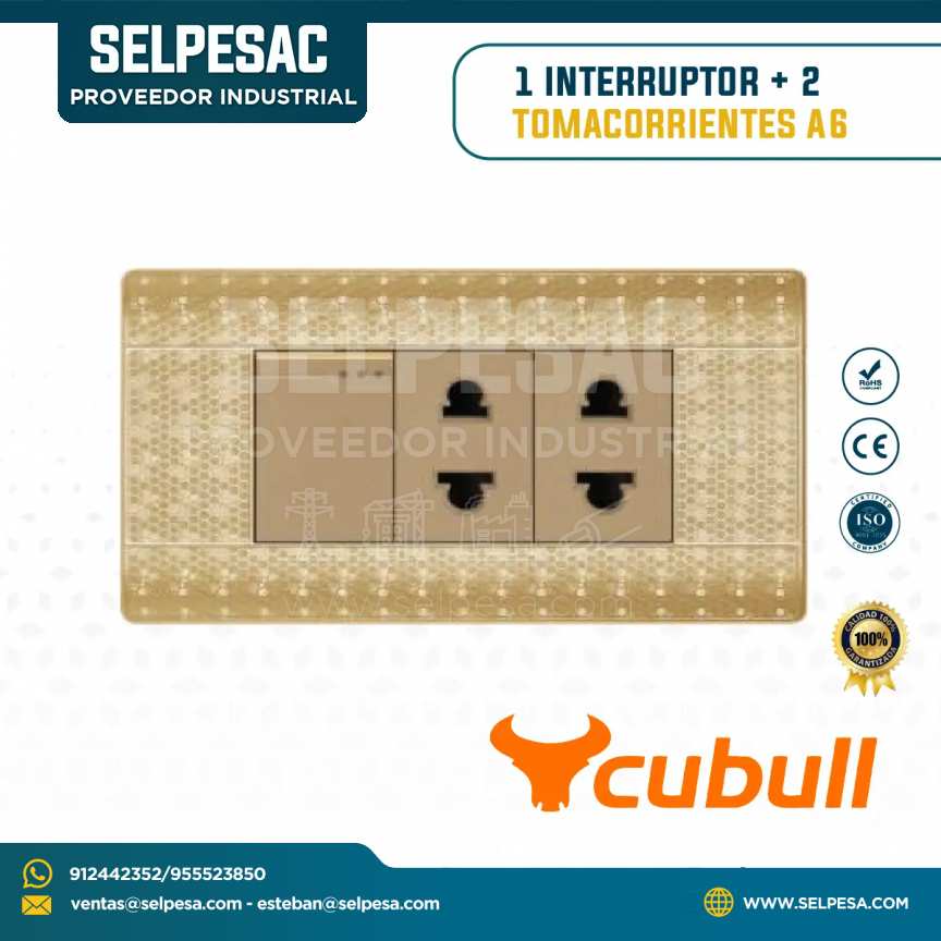 CUBULL - 1 INTERRUPTOR + 2 TOMACORRIENTES - COLOR DORADO A6-018