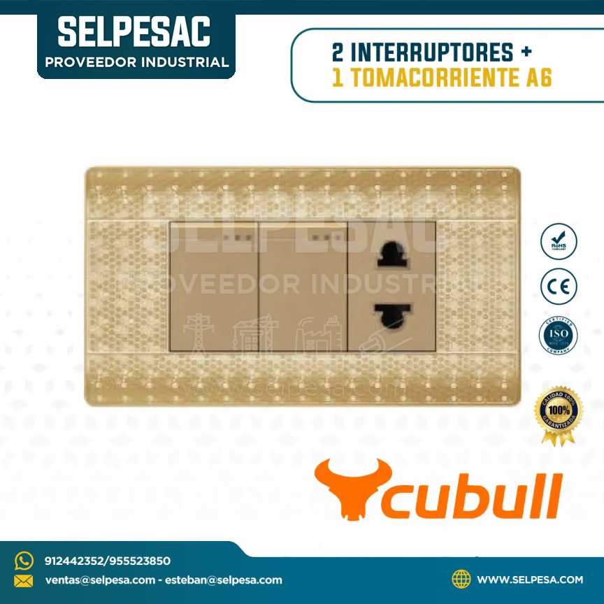 CUBULL - 2 INTERRUPTORES + 1 TOMACORRIENTE - COLOR DORADO A6-016