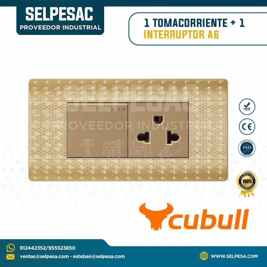 CUBULL - 1 TOMACORRIENTE + 1 INTERRUPTOR - COLOR DORADO A6-027