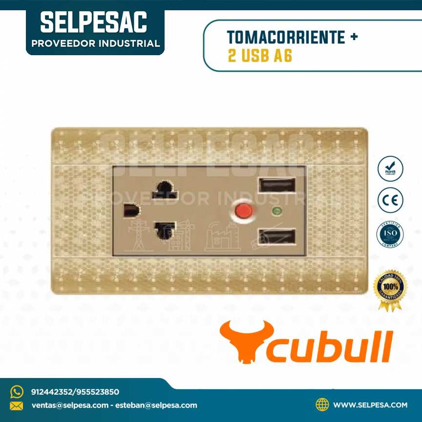 CUBULL - TOMACORRIENTE + 2 USB COLOR DORADO A6