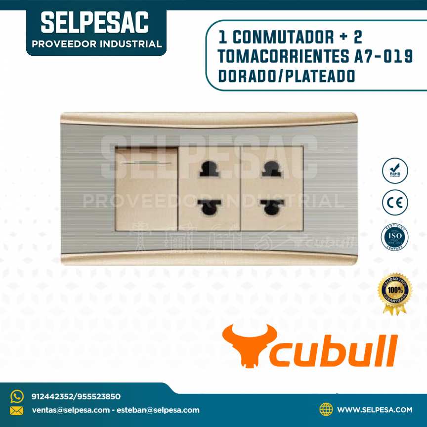 CUBULL - 1 CONMUTADOR + 2 TOMACORRIENTES PLATEADO DORADO A7-019