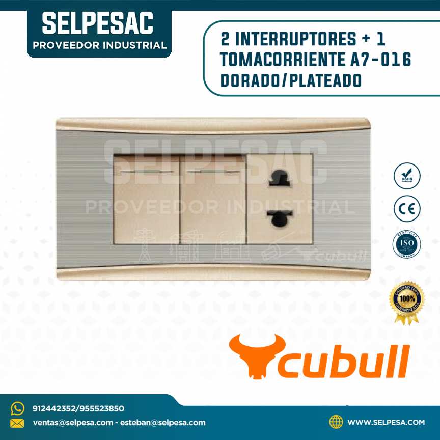 CUBULL - 2 INTERRUPTORES + 1 TOMACORRIENTE PLATEADO DORADO A7-016