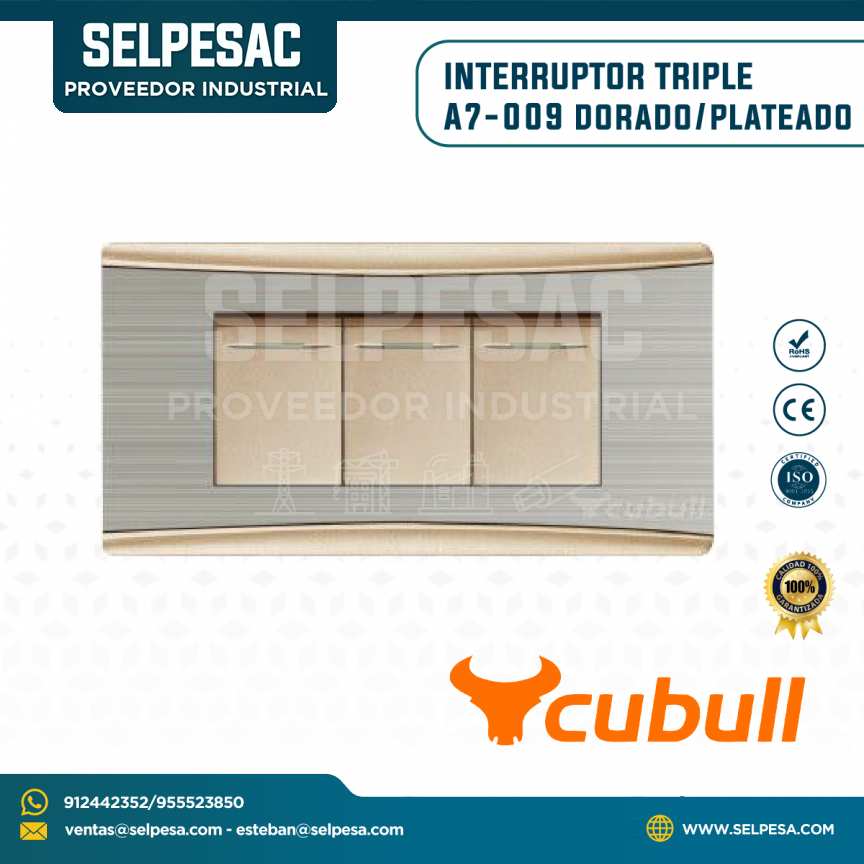 CUBULL - INTERRUPTOR TRIPLE COLOR PLATEADO DORADO A7-009