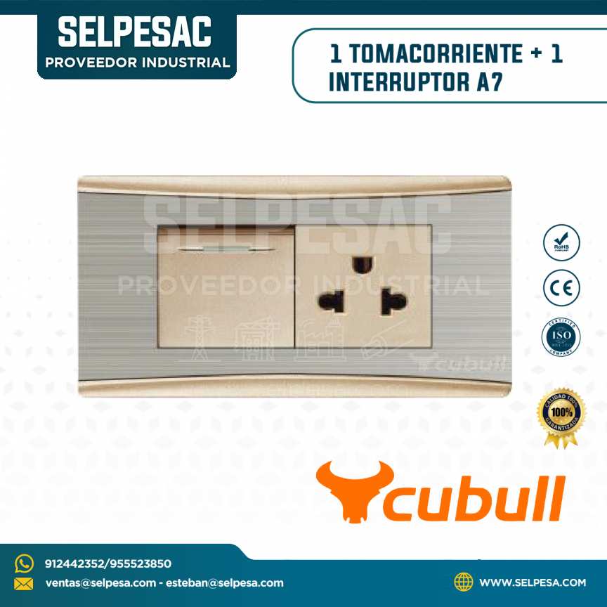 CUBULL - 1 TOMACORRIENTE + 1 INTERRUPTOR COLOR PLATEADO DORADO A7