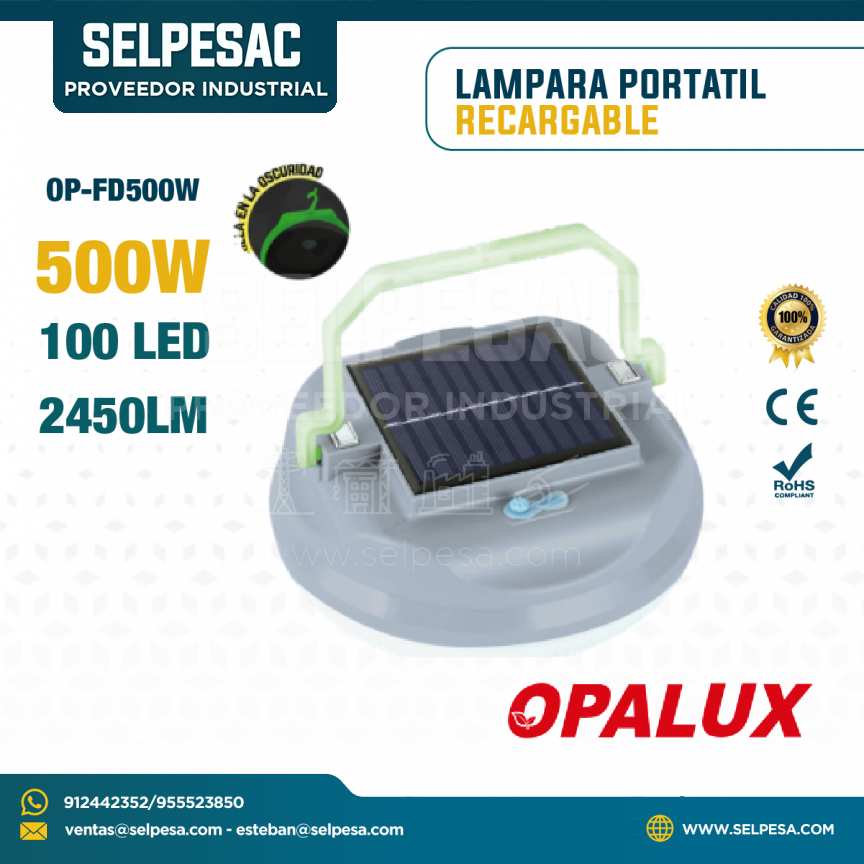 OPALUX - LAMPARA PORTATIL RECARGABLE 500W 100LED 2450LM