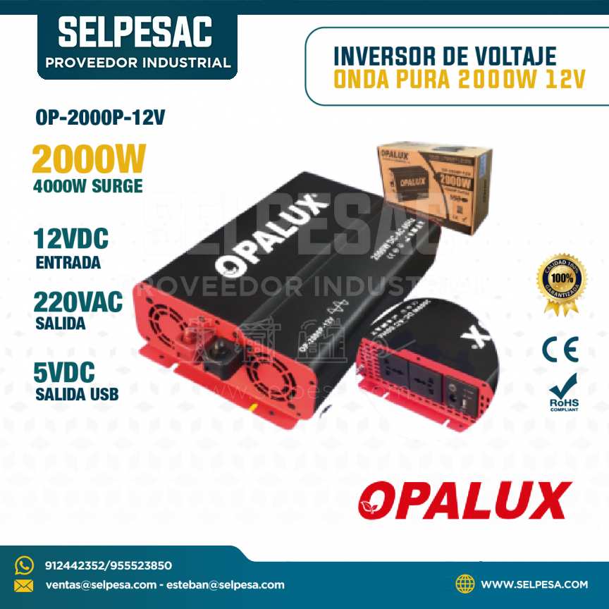 OPALUX - INVERSOR DE VOLTAJE ONDA PURA 2000W 12V 220VAC SALIDA USB