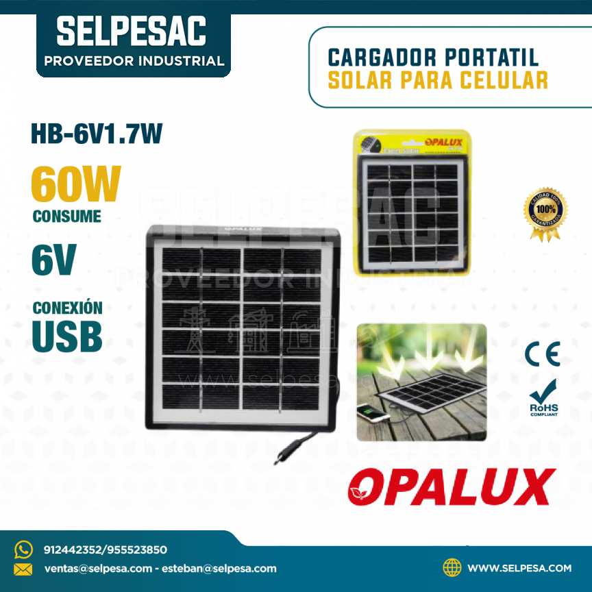 OPALUX - CARGADOR PORTATIL SOLAR PARA CELULAR 60W 6V USB HB-6V1.7W