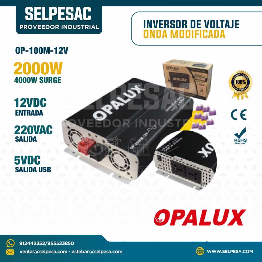 OPALUX - INVERSIOR DE VOLTAJE ONDA MODIFICADA 2000W 12VDC 220VAC